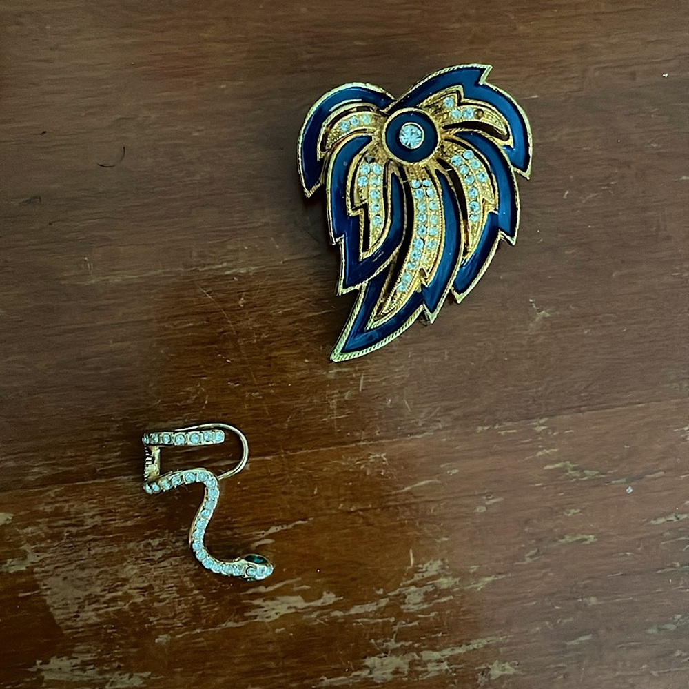 SET: Snake Cartilage Ear Cuff & Blue Leaf Pin/Broach